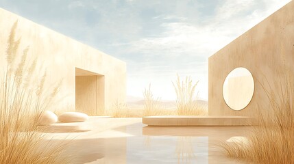 Minimalist beige architecture, reflecting pool, pampas grass.