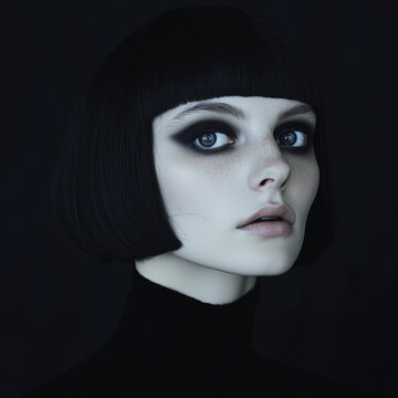 Gothic Style Young Woman with Pageboy Haircut and Smudged Eyeshadow