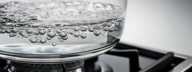 Glass Pot with Boiling Water on Modern Gas Stove