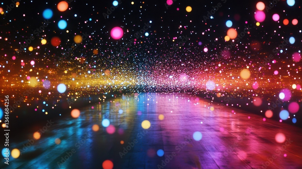 Poster a vibrant array of colorful bokeh lights shine, scattered with tiny gold glitter. use it for festive
