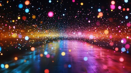 Fototapeta premium A vibrant array of colorful bokeh lights shine, scattered with tiny gold glitter. Use it for festive backgrounds, abstract concepts, or magical atmosphere.