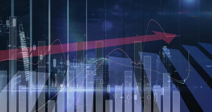 Upward red arrow on financial data charts and graphs, animation over cityscape - Powered by Adobe