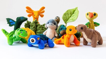 Obraz premium Colorful Collection of Adorable Animal Plush Toys on White Background