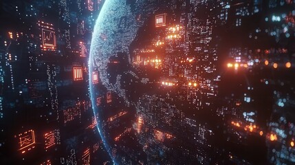 A global financial hub visualized as a glowing digital map, with data streams and firewalls forming a protective grid around the Earth.