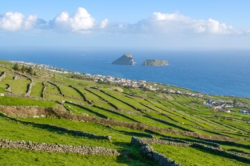 Panoramic view of agricultural fields divided by stone walls, with the village of Feteira and the Goat Islands in the background, on the island of Terceira, Azores, Portugal. © ikuday
