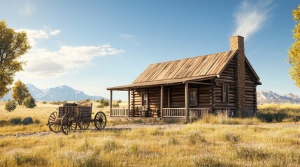 Fototapeta premium Rustic log cabin with a wooden cart in a serene mountain landscape