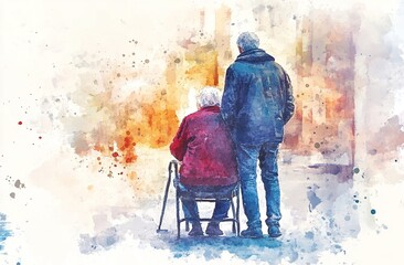 Young man comforting sad senior person on the street. Alzheimer or dementia watercolor concept illustration