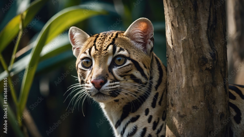 Poster a close-up of an ocelot peering from behind a tree, showcasing its striking fur pattern.