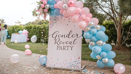 gender reveal party celebration with colorful decorations in outdoor setting
