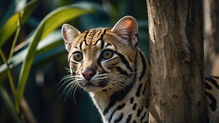 Obraz premium A close-up of an ocelot peering from behind a tree, showcasing its striking fur pattern.