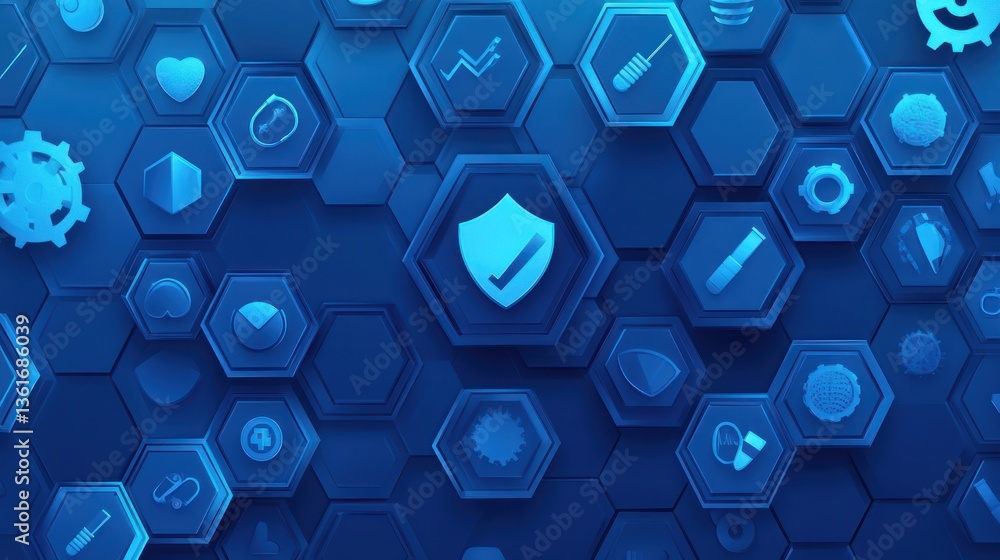Aufkleber abstract 3d icons on hexagonal grid. background of health and security. stock photo