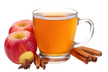 Warm Apple Cider In A Glass Mug, Perfect For A Cozy Autumn Day, Accompanied By Ripe Red Apples And...