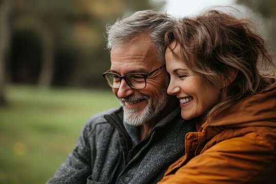 Beautiful happy middle aged love couple outside in a park (AI Generated)