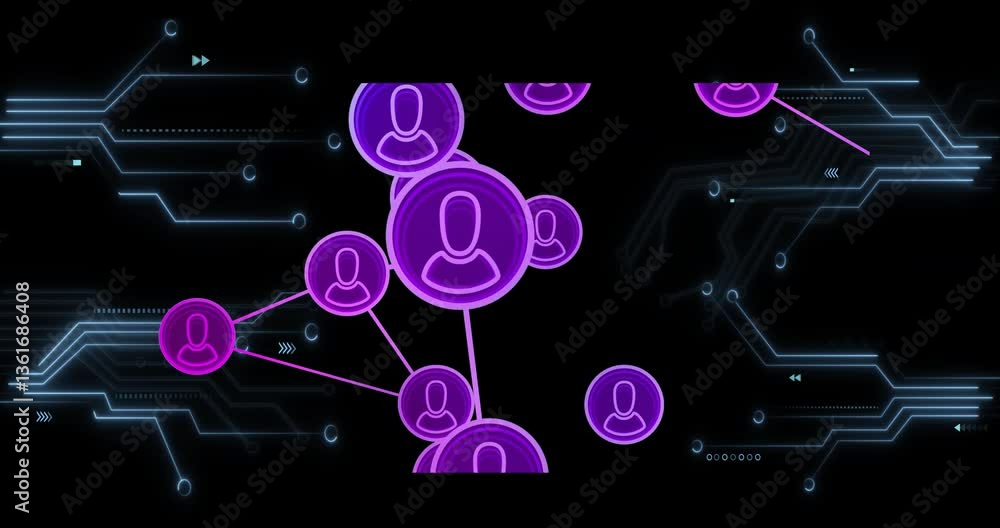 Poster purple user icons connected by lines over digital circuit background animation