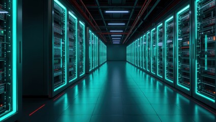Empty underground corridor reflects the cool light of a data center network server room