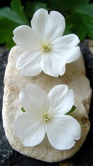 Naklejka premium Two delicate white flowers rest upon a light colored stone