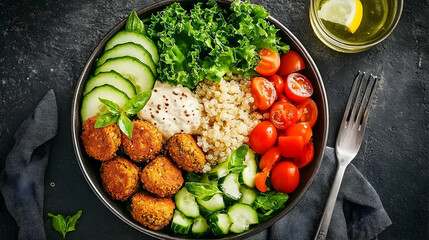 Healthy quinoa bowl with falafel, vegetables
