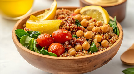Healthy quinoa chickpea bowl with lemon & spinach