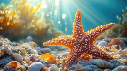 A vibrant underwater scene featuring a colorful starfish amidst various seashells and soft sunlight filtering through water