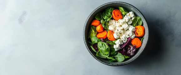 Healthy salad bowl, carrots, feta, greens.  Food blog, recipe