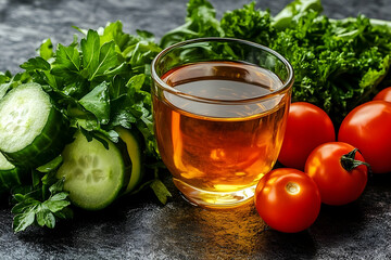 Healthy vegetable juice with cucumbers and tomatoes