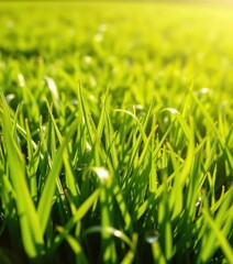 Fototapeta premium Vibrant emerald lawn, dew-kissed blades glistening in sunlight, lush, photo