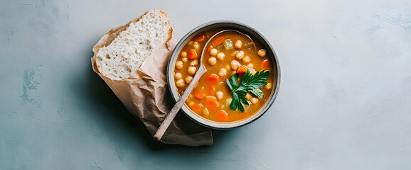 Hearty chickpea soup, bread, overhead view. Food blog, recipe