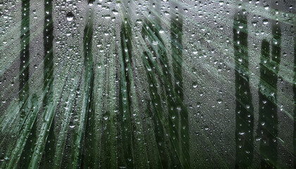 梅雨　雨の降る風景 熱帯のジャングルの葉　雨粒の水滴がついた窓ガラス越しの森の草木　自然の山林　湿気で曇る表面　季節・湿度・天気の背景