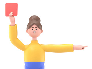 3D illustration of Asian woman Angela Referee showing red card and pointing with his index finger.Supports PNG files with transparent backgrounds.