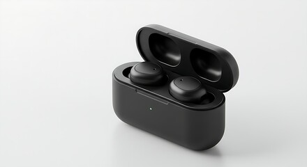 Wireless earbuds in an open charging case, placed on a clean white background