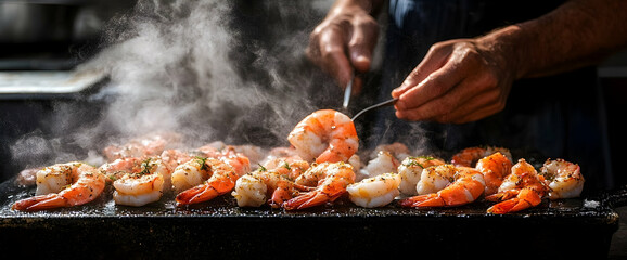 Chef grilling shrimp outdoors, steam rising, food photography