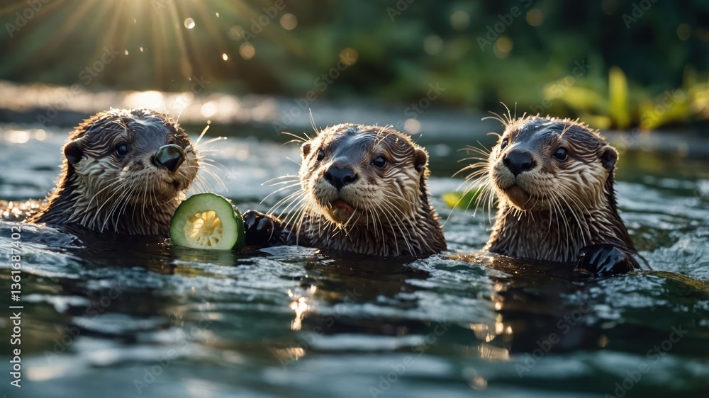 Poster three otters playfully hold a slice of cucumber in a serene water setting.