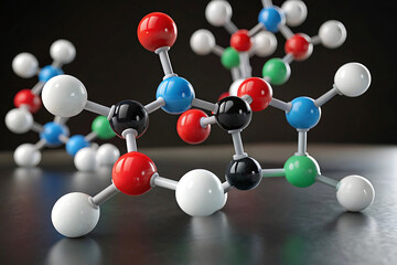 Obraz premium Highly Detailed 3D Molecular Model with Colored Atoms and Chemical Bonds on Dark Background