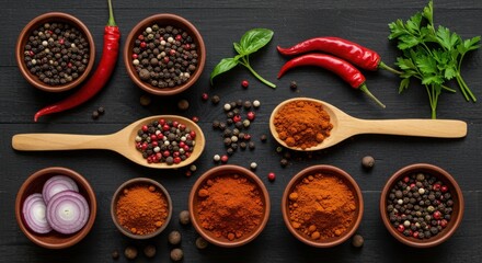 Arrangement of spices, herbs, and peppers in bowls and spoons on a dark wooden surface top view