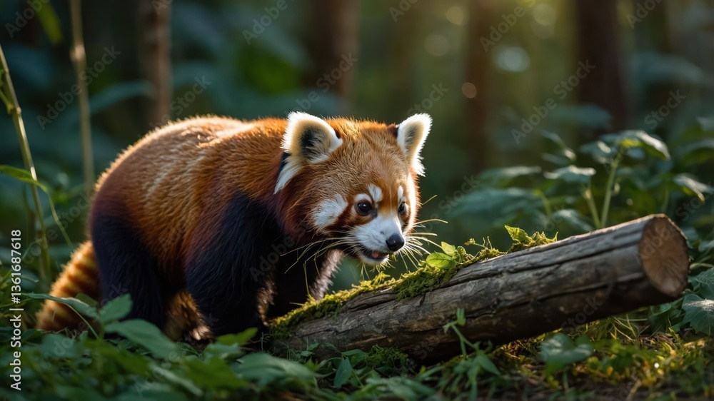 Poster a red panda explores a forest, interacting with a moss-covered log in soft sunlight.