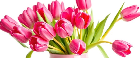 Obraz premium Vibrant pink tulips in a delicate pink vase, isolated on white, flower arrangement, arrangement