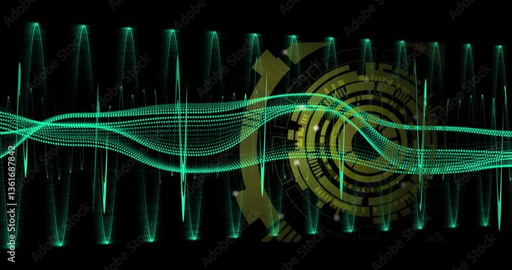 Aufkleber animation of green waveforms intertwining with digital patterns over circular design