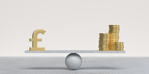 3D rendered Silver color Pound and gold coins standing on a balanced surface. Financial balance concept. Large copy space with light background.