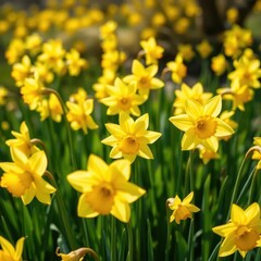 Fototapeta premium Vibrant yellow daffodils blooming in a sunlit field, floral, beauty