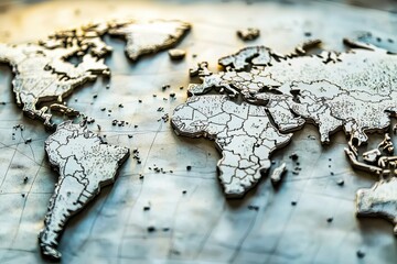 Fototapeta premium A detailed, textured silver world map featuring continents and countries with a vintage aesthetic, highlighting global geography with a metallic finish and muted tones.