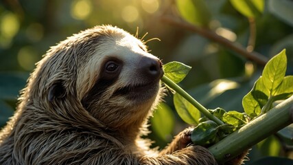 Naklejka premium A sloth munching on leaves in a lush, sunlit environment.