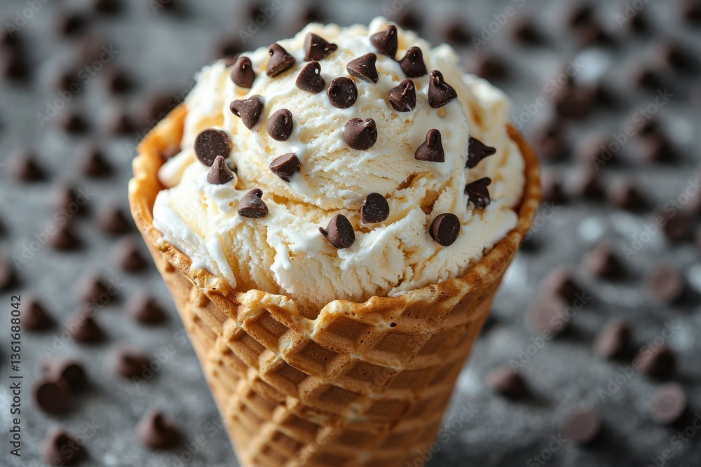 Aufkleber Enjoying a delicious ice cream cone topped with chocolate chips on a textured surface surrounded by chocolate drops