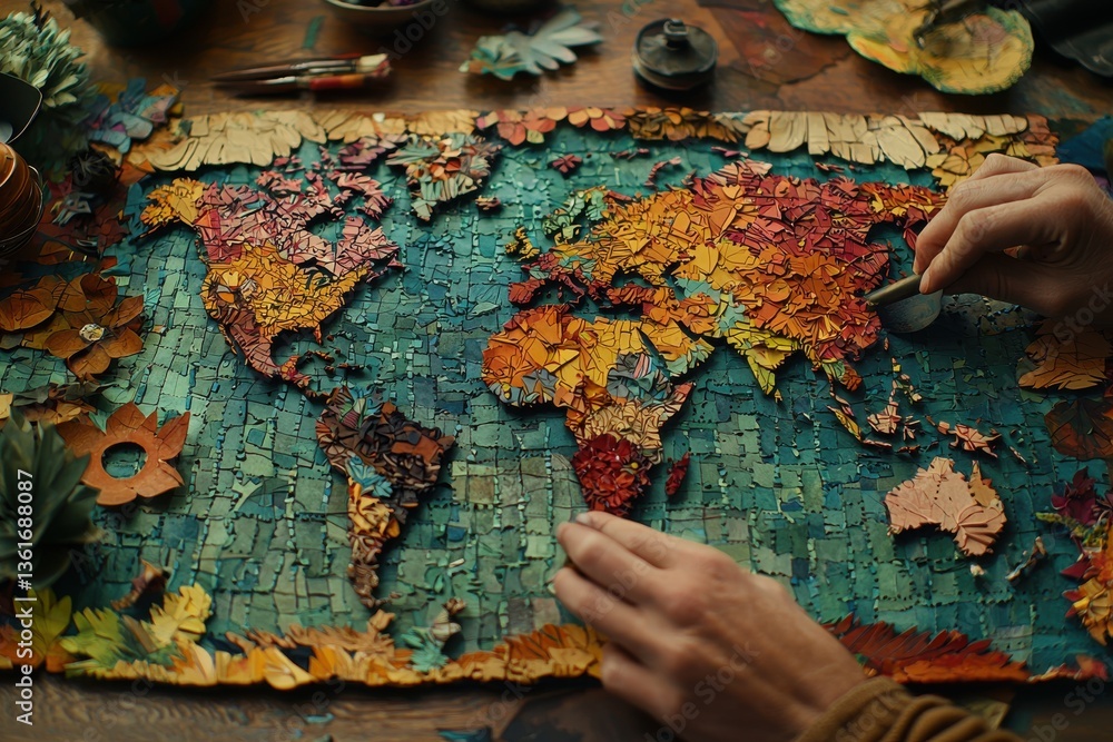 Poster creating a vibrant mosaic world map with colorful tile pieces, showcasing craftsmanship and geograph