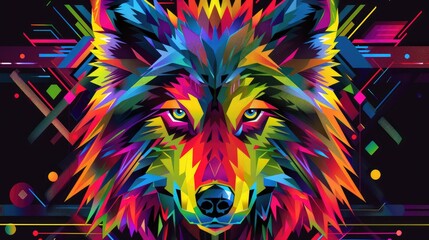 Fototapeta premium Colorful geometric wolf head vector, vibrant vector design, black background, colorful vector art style,
