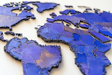 A unique blue colored wooden world map with a layered design, showing detailed country borders for geographic studies and decoration, a creative artistic representation.