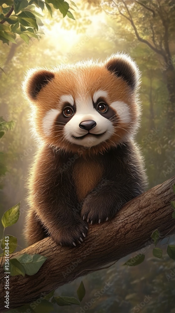 Poster panda cub relaxes on a tree branch, looking curiously with big eyes and black markings in a serene f