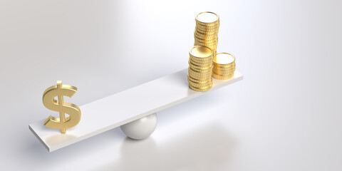3D rendered Silver color us dollars and gold coins standing on a balanced surface. Financial balance concept. Large copy space with light background.