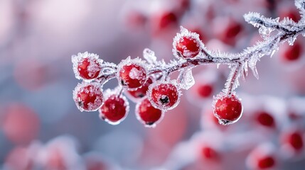 Icy branch bursts with vibrant red berries, creating a stunning winter scene. Soft background blur enhances the delicate beauty
