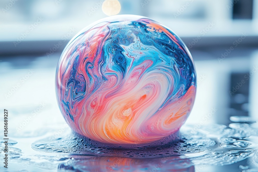 Poster Colorful marble orb resting on a reflective surface with swirling patterns