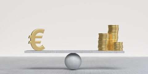 3D rendered Silver color Euro and gold coins standing on a balanced surface. Financial balance concept. Large copy space with light background.